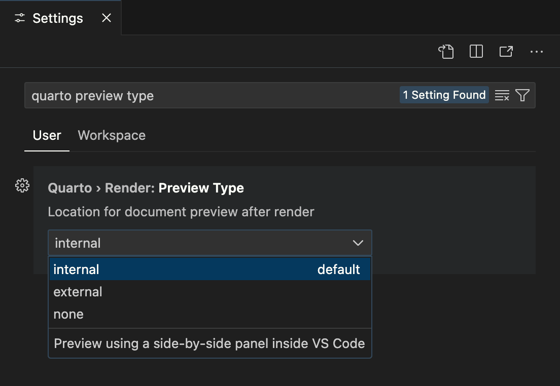 VS Code settings interface with 'quarto preview type' entered into the search bar. User settings reveals Quarto > Render: Preview Type, with a dropdown to select location for document preview after render. The default, internal, is selected, which previews using a side-by-side panel in VS Code. The other two options in the dropdown are external and none.